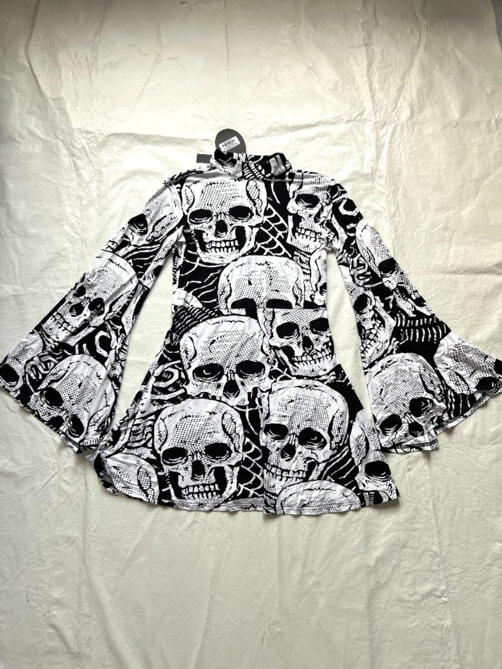 Killstar dress Skeleton Season Medium mini flared long bell sleeves white black